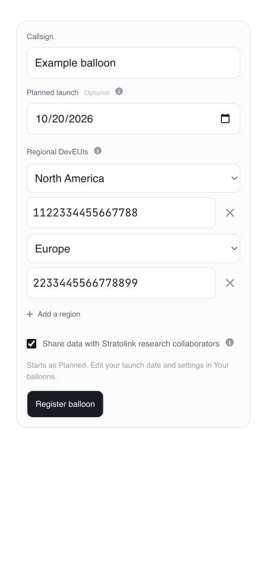 Dashboard registration form with callsign, optional planned launch date, regional DevEUIs, and research-sharing preference.