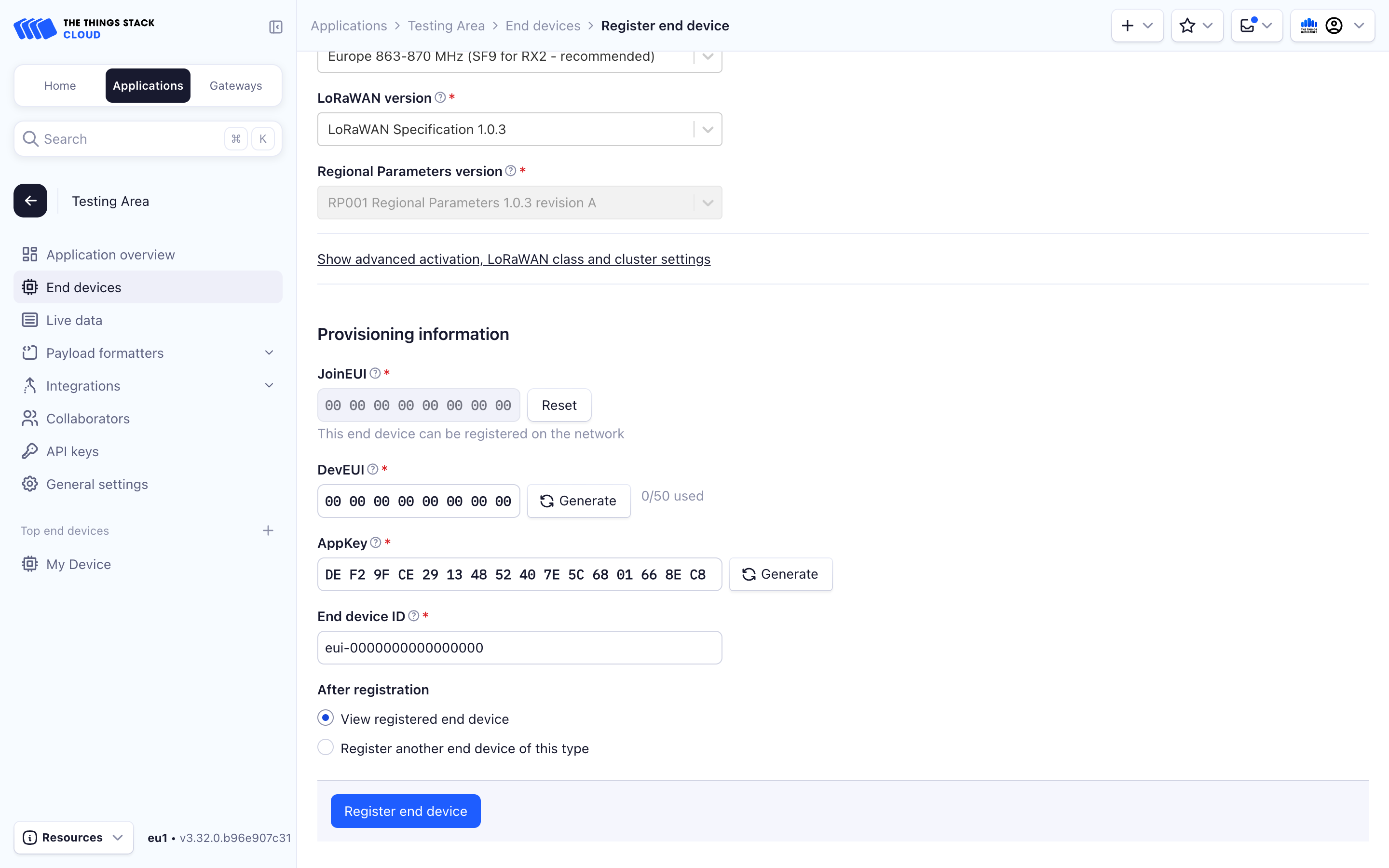The Things Stack registration form showing JoinEUI, DevEUI, AppKey and end device ID fields.