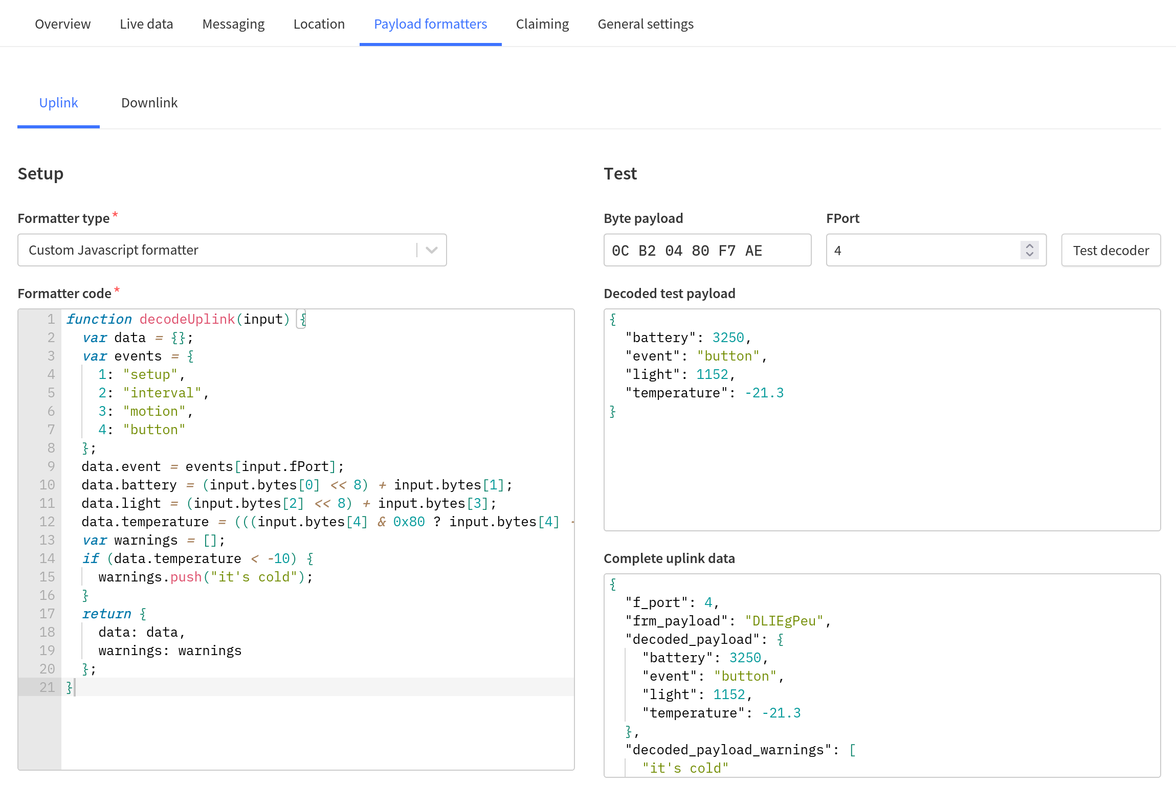 The Things Stack JavaScript uplink formatter with an example byte payload and decoded result.