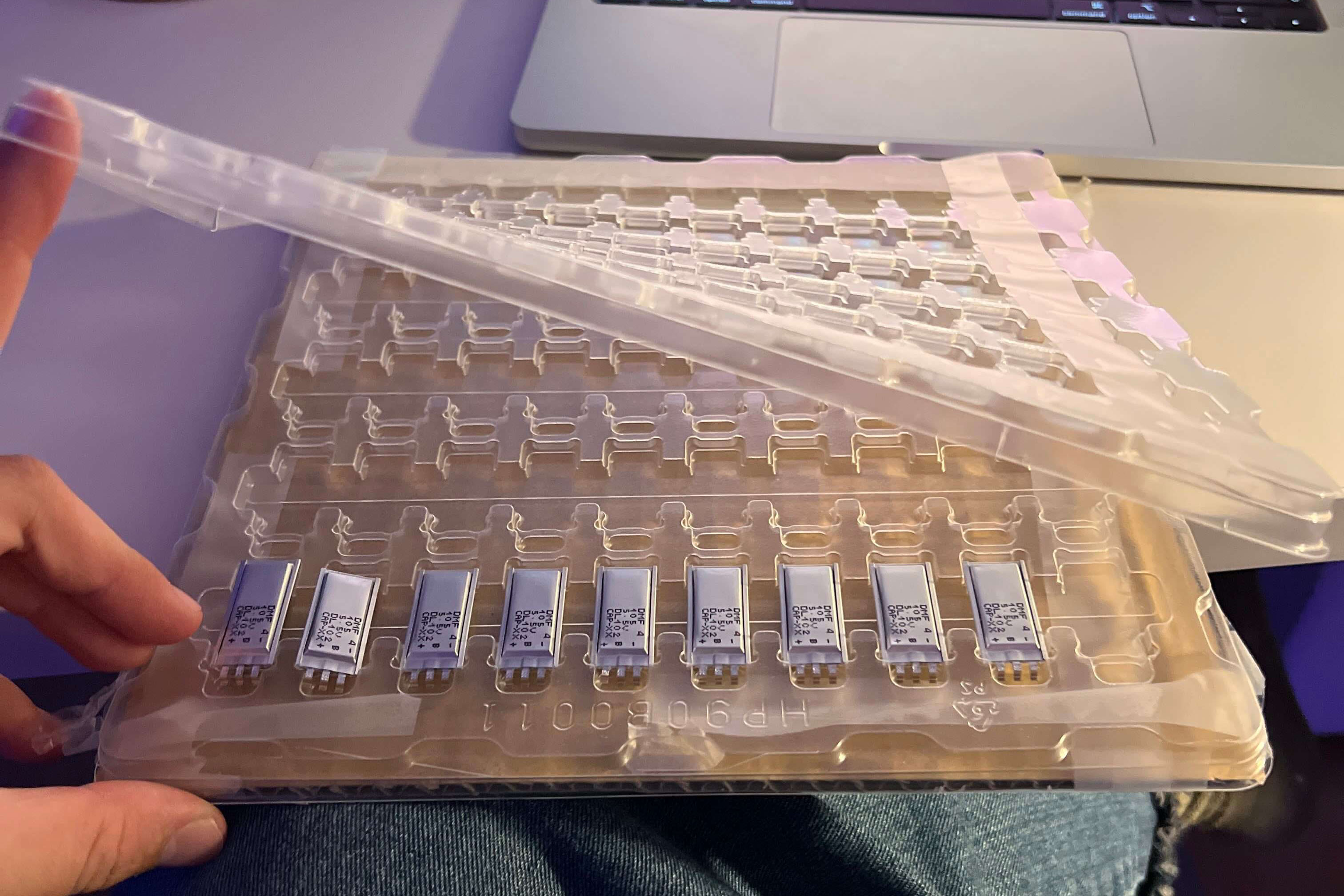The first tray of one-farad supercapacitors.